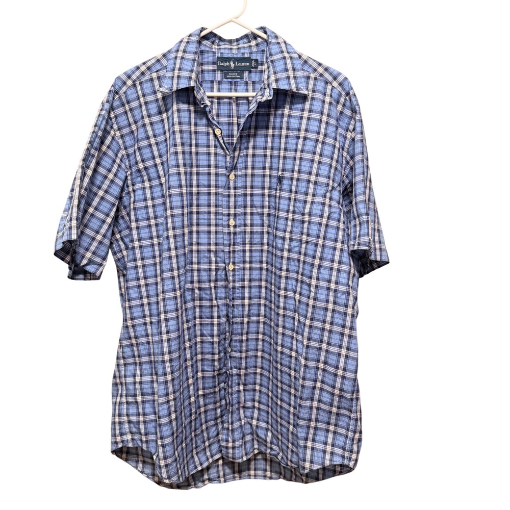 Ralph Lauren Blake Mens Large Blue Plaid Short Sleeve Button Up‎ Cotton Shirt